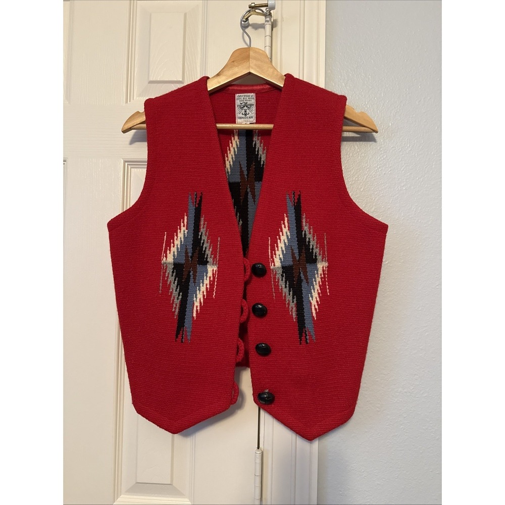 VTG Ortegas Chimayo Wool Vest Native Aztec Southwestern Handwoven Navajo Red S